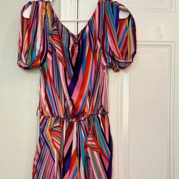 Line & Dot Multicolor Puff Sleeve Silk Mini Dress | Size S - Picture 4 of 11